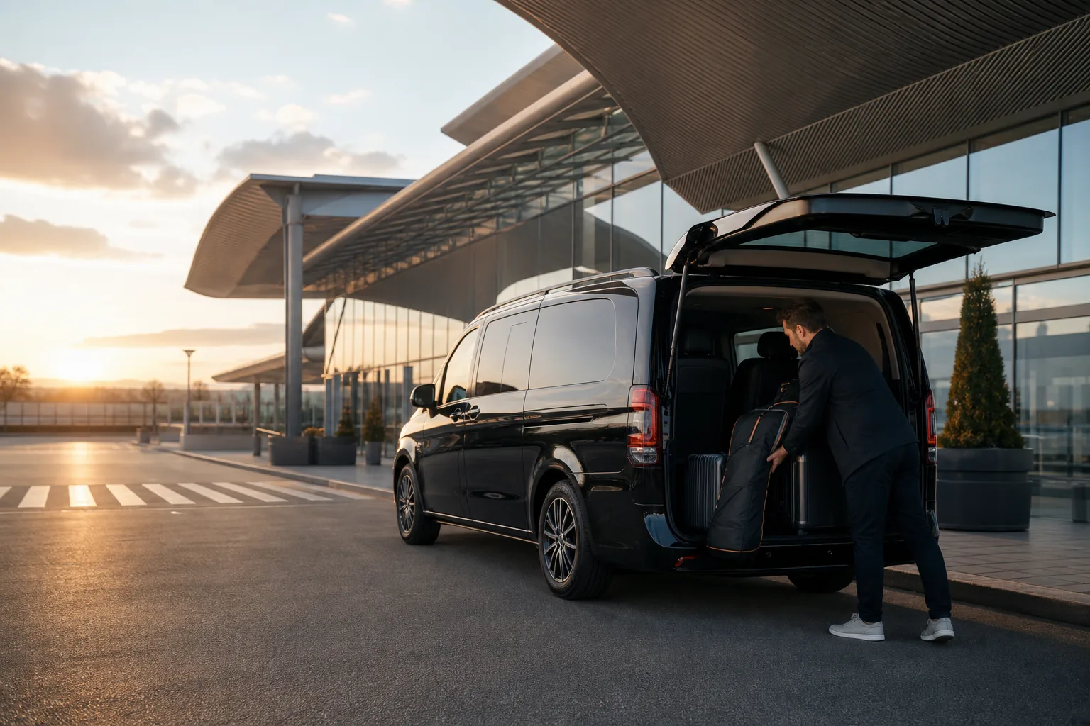 Transfert aéroport avec van noir et bagages devant un terminal